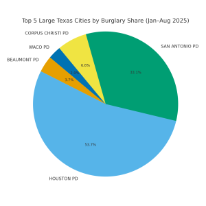 Top 5 Large Texas Cities by Burglary Share (Jan-Aug 2025)